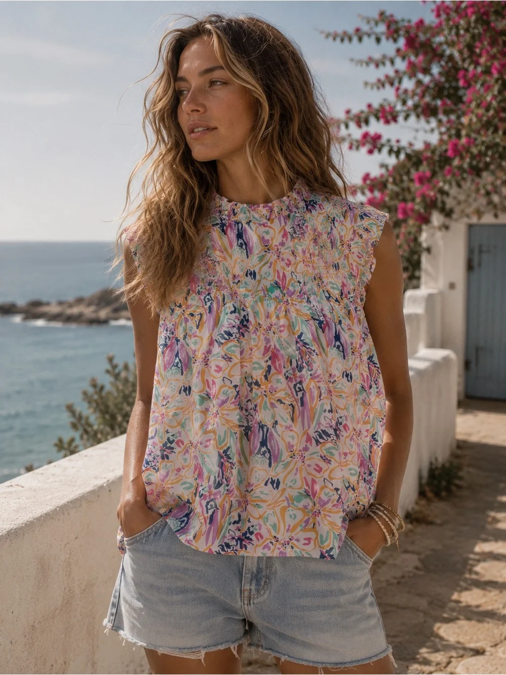 Jodifl Floral Mock Neck Sleeveless Blouse Top Small Smocked Boho Spring S